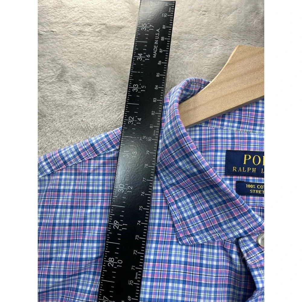 Polo‎ Ralph Lauren Button Down Shirt Men XL Pink Blue Plaid Fit Cotton Stretch